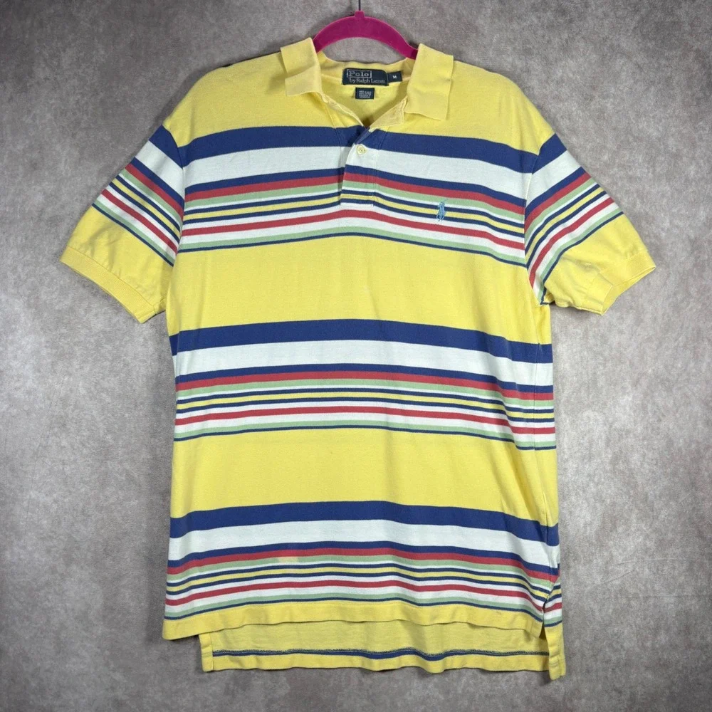 Polo Ralph Lauren Polo Shirt Men Medium Yellow Striped Short Sleeve Pique Cotton